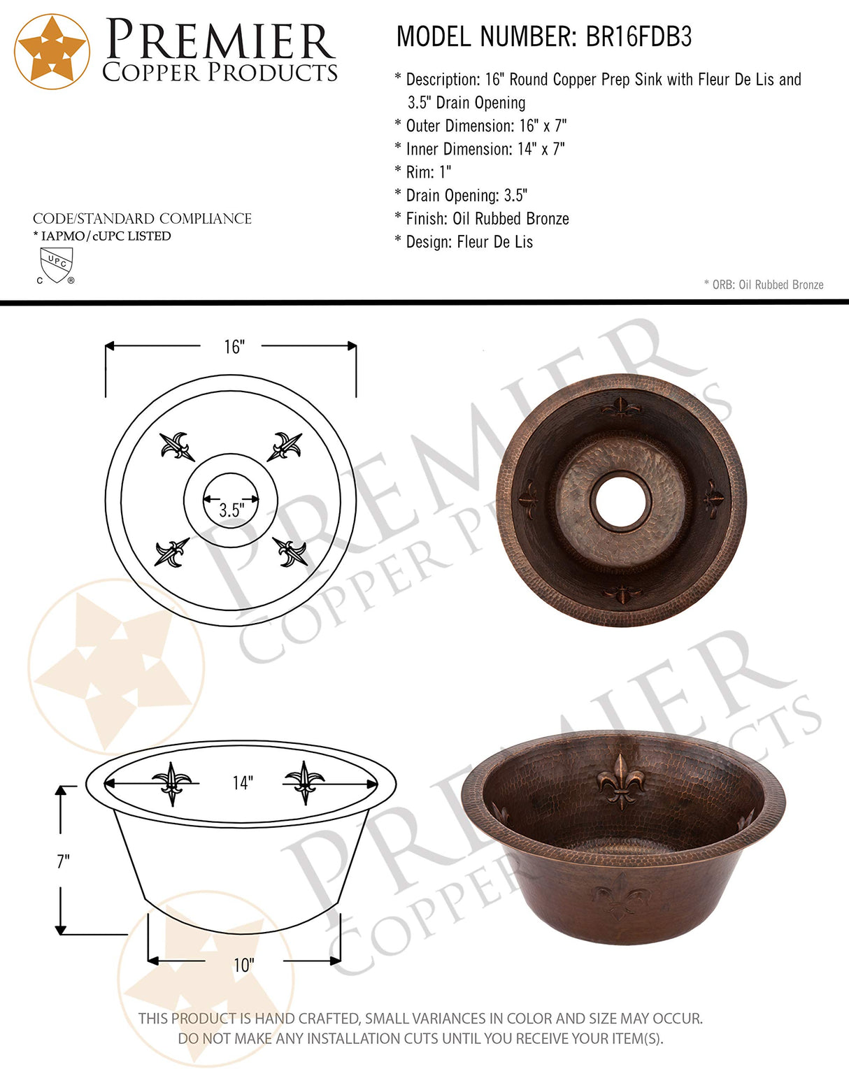 Premier Copper Products BR16FDB3 16-Inch Universal Round Copper with Fleur De Lis Sink and 3.5-Inch Drain Size, Oil Rubbed Bronze