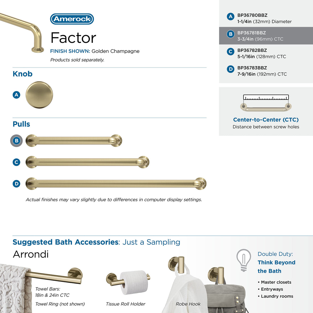 Amerock Cabinet Pull Golden Champagne 3-3/4 in (96 mm) Center-to-Center Drawer Pull |Factor Kitchen and Bath Hardware Furniture Hardware