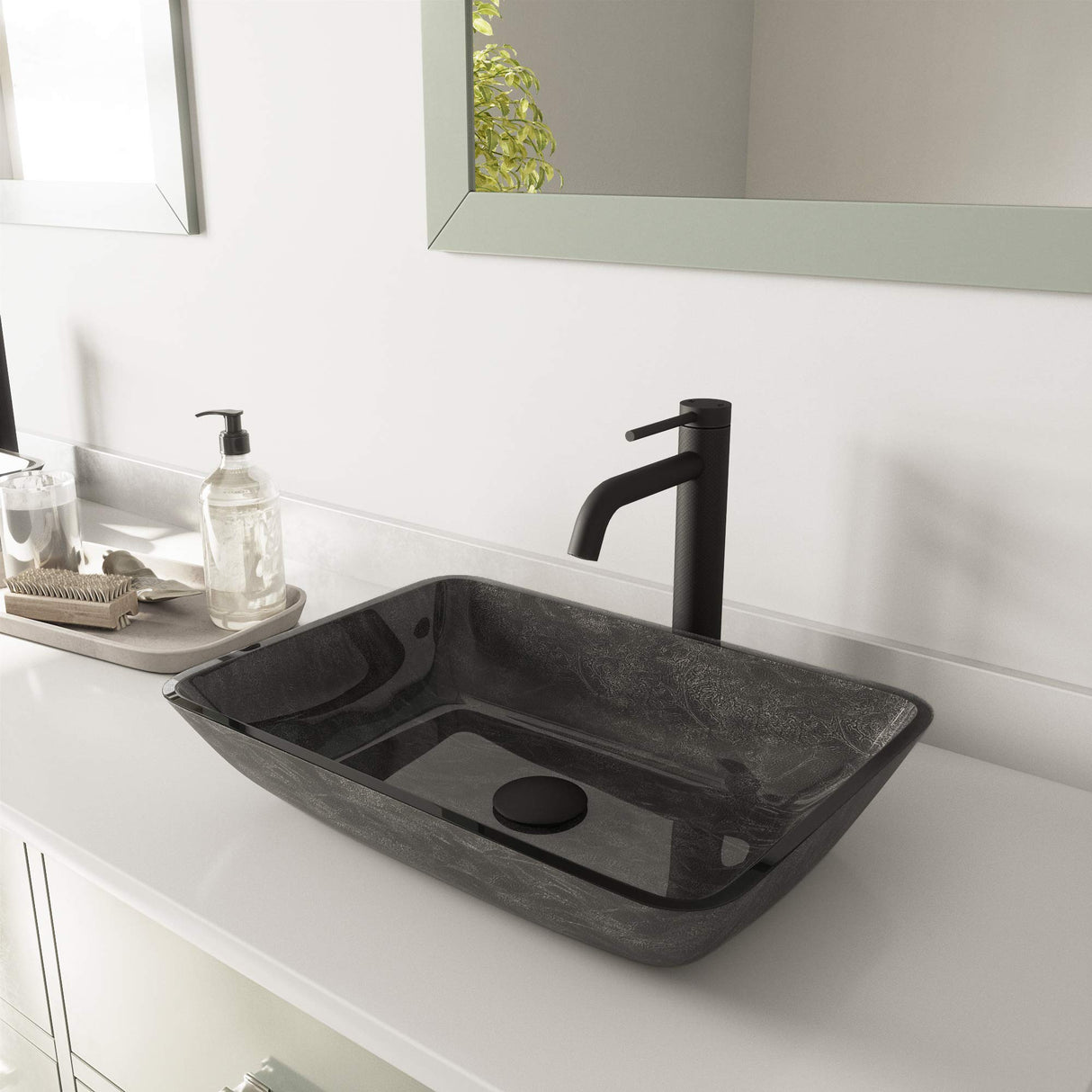 VIGO VGT1416 18.13" L -13.0" W -10.25" H Glass Rectangular Vessel Bathroom Sink in Onyx Gray with Lexington Faucet and Pop-Up Drain in Matte Black