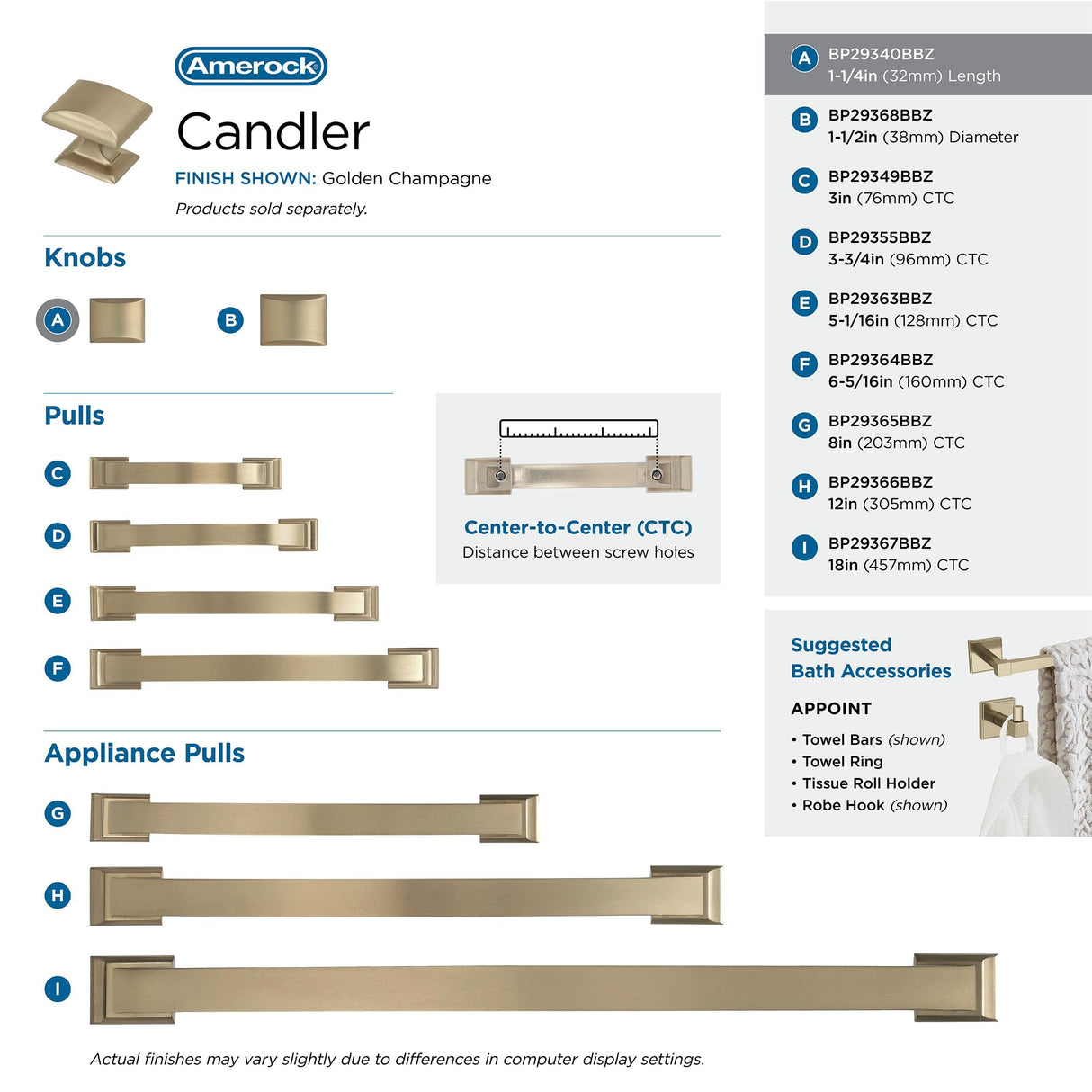 Amerock Cabinet Knob Golden Champagne 1-1/4 inch (32 mm) Length Candler 1 Pack Drawer Knob Cabinet Hardware