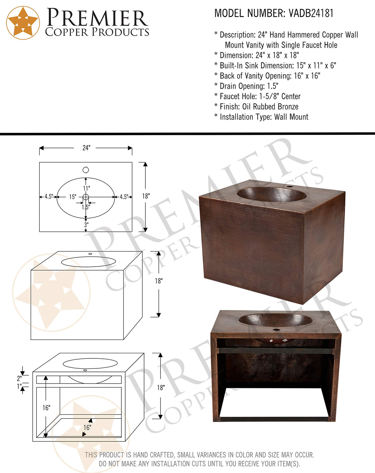 Premier Copper Products VADB24181 24-Inch Hand Hammered Wall Mount Copper Vanity, Oil Rubbed Bronze