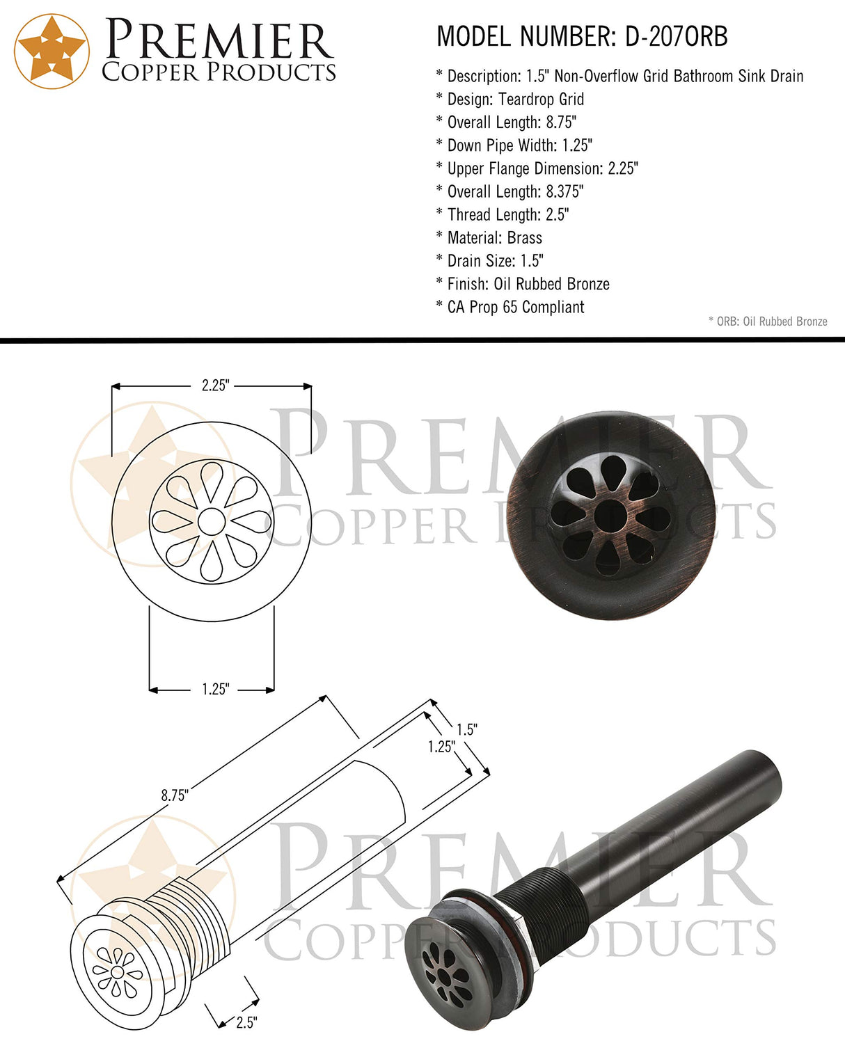 Premier Copper Products D-207ORB 1.5-Inch Non-Overflow Grid Bathroom Sink Drain, Oil Rubbed Bronze