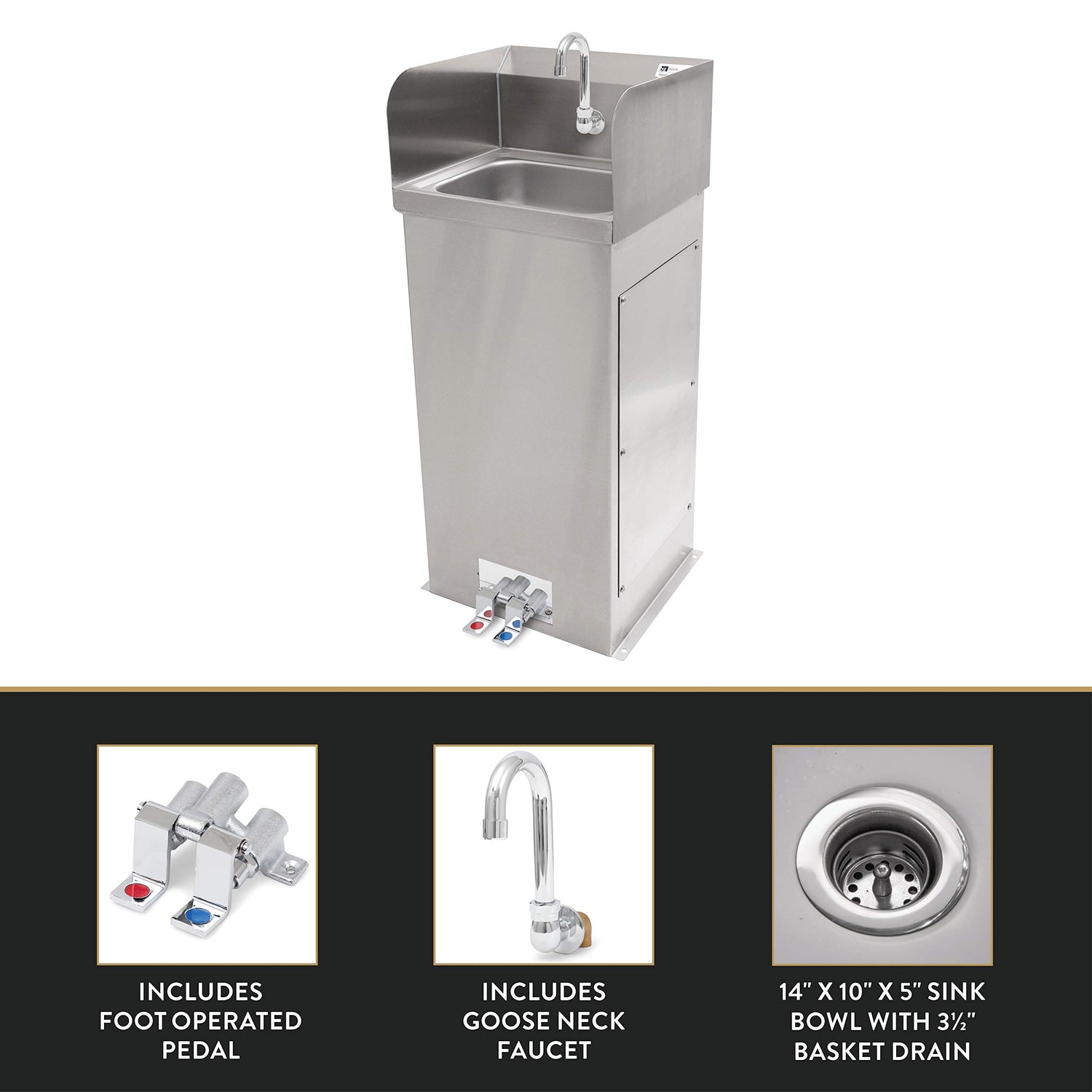 John Boos PBHS-F-1410-SSLR Hands-Free Pedestal Hand Washing Sink 14" W x 10" Front to Back 5" Deep Bowl, with Side Splashes, 1 Centered Splash Mount Faucet Hole, Goose Neck Spout and Foot Valves