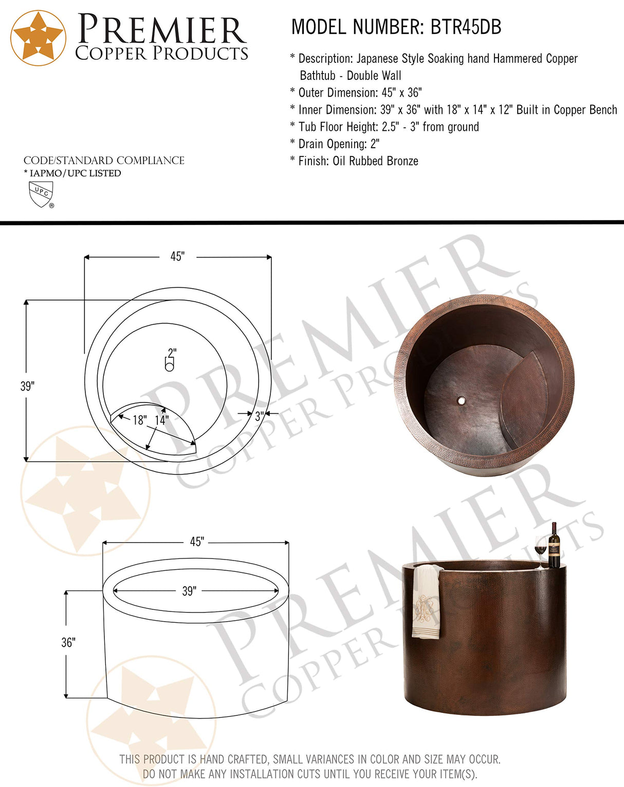 Premier Copper Products BTR45DB Japanese Style Soaking Hand Hammered Copper Bath Tub, Oil Rubbed Bronze