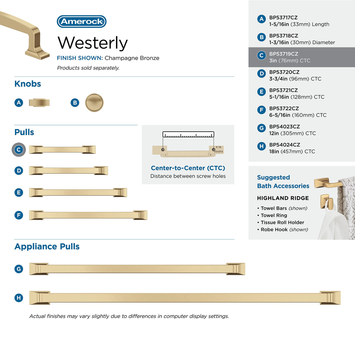 Amerock Cabinet Pull Champagne Bronze 3 in (76 mm) Center-to-Center Drawer Pull Westerly Kitchen and Bath Hardware Furniture Hardware