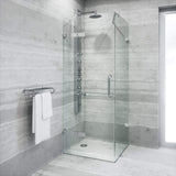 VIGO 34 in. x 34 in. x 73 in. Monteray Frameless Hinged Square Shower Enclosure with Clear 0.38" Tempered Glass and Hardware in Brushed Nickel Finish with Reversible Handle - VG6011BNCL363