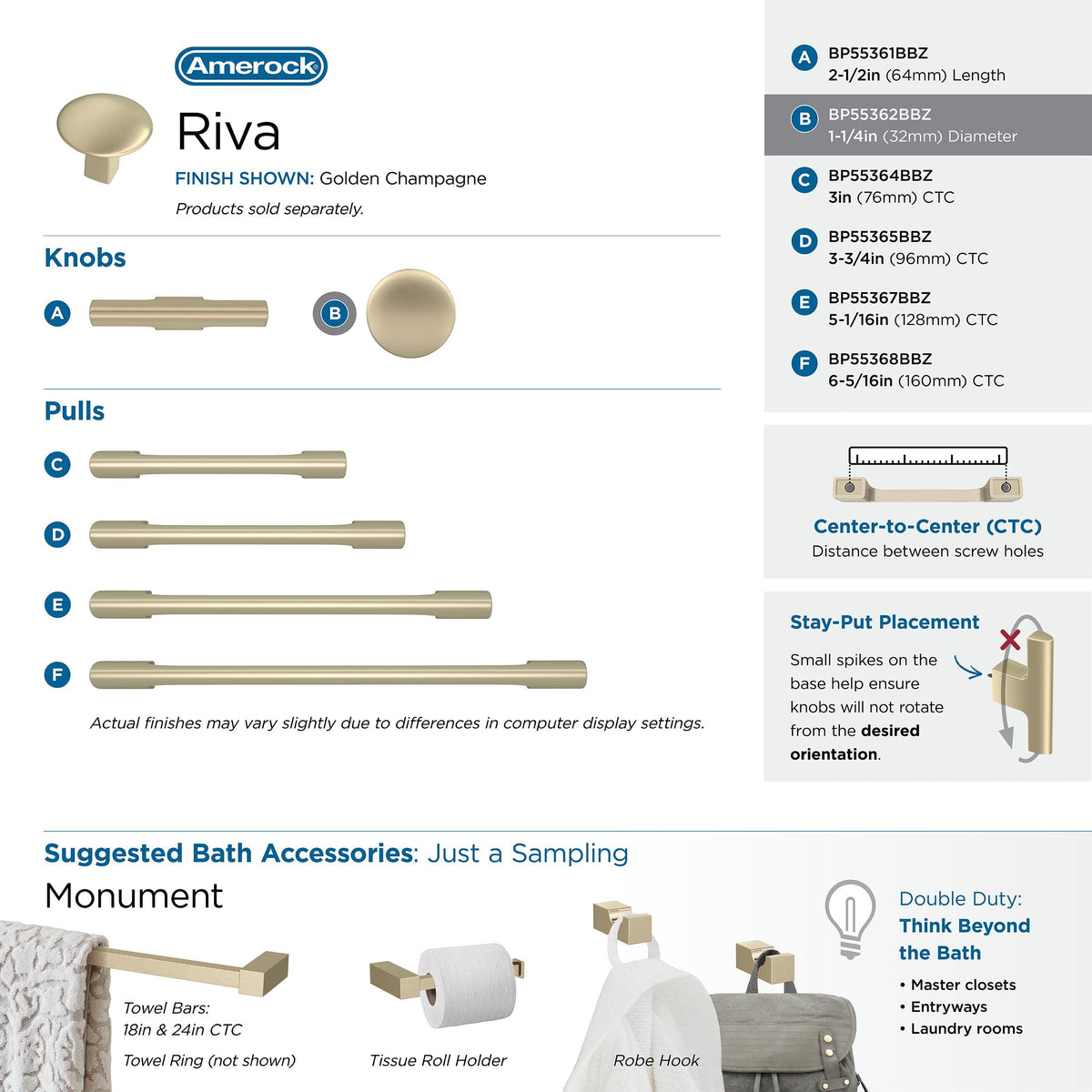 Amerock Cabinet Knob Golden Champagne 1-1/4 inch (32 mm) Diameter Riva 1 Pack Drawer Knob Cabinet Hardware