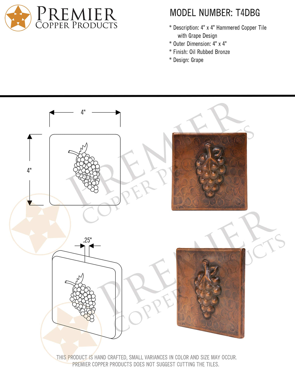 Premier Copper Products T4DBG 4-Inch by 4-Inch Copper Grape Tile, Oil Rubbed Bronze