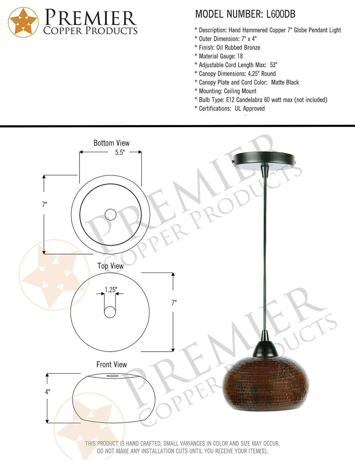 Premier Copper Products L600DB Copper 7-inch Globe Pendant Light, Oil Rubbed Bronze