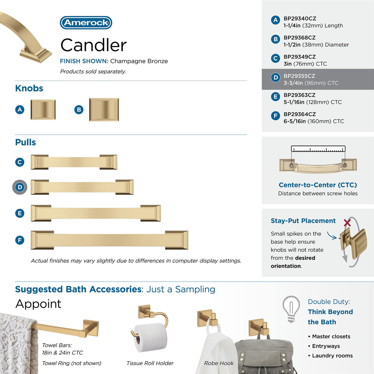 Amerock Cabinet Pull Champagne Bronze 3-3/4 in (96 mm) Center-to-Center Drawer Pull Candler Kitchen and Bath Hardware Furniture Hardware