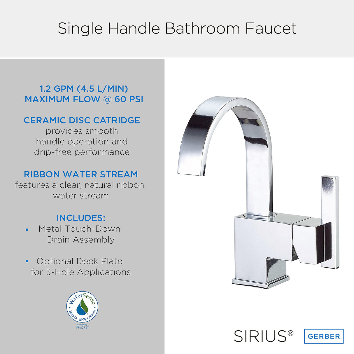 Gerber D221144 Chrome Sirius Single Handle Lavatory Faucet