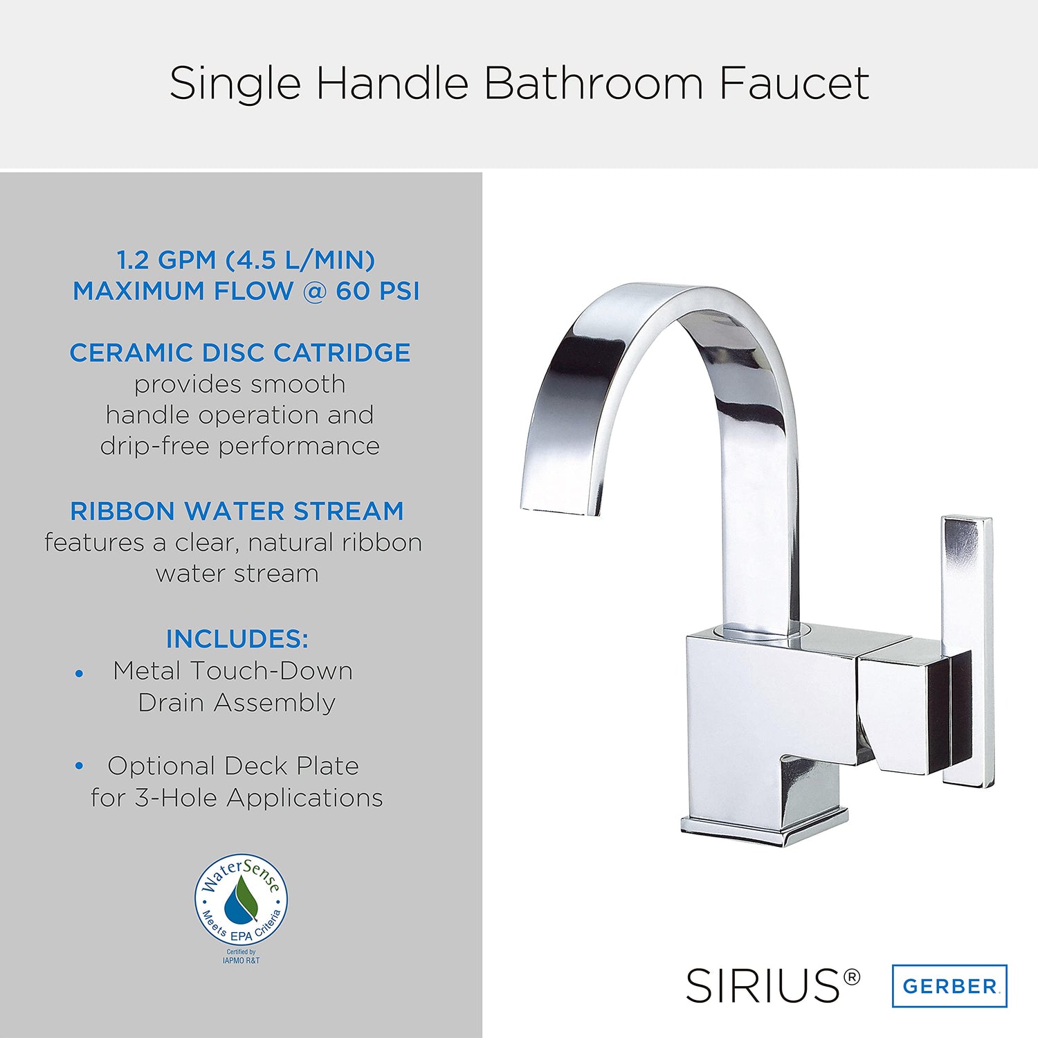 Gerber D221144 Chrome Sirius Single Handle Lavatory Faucet