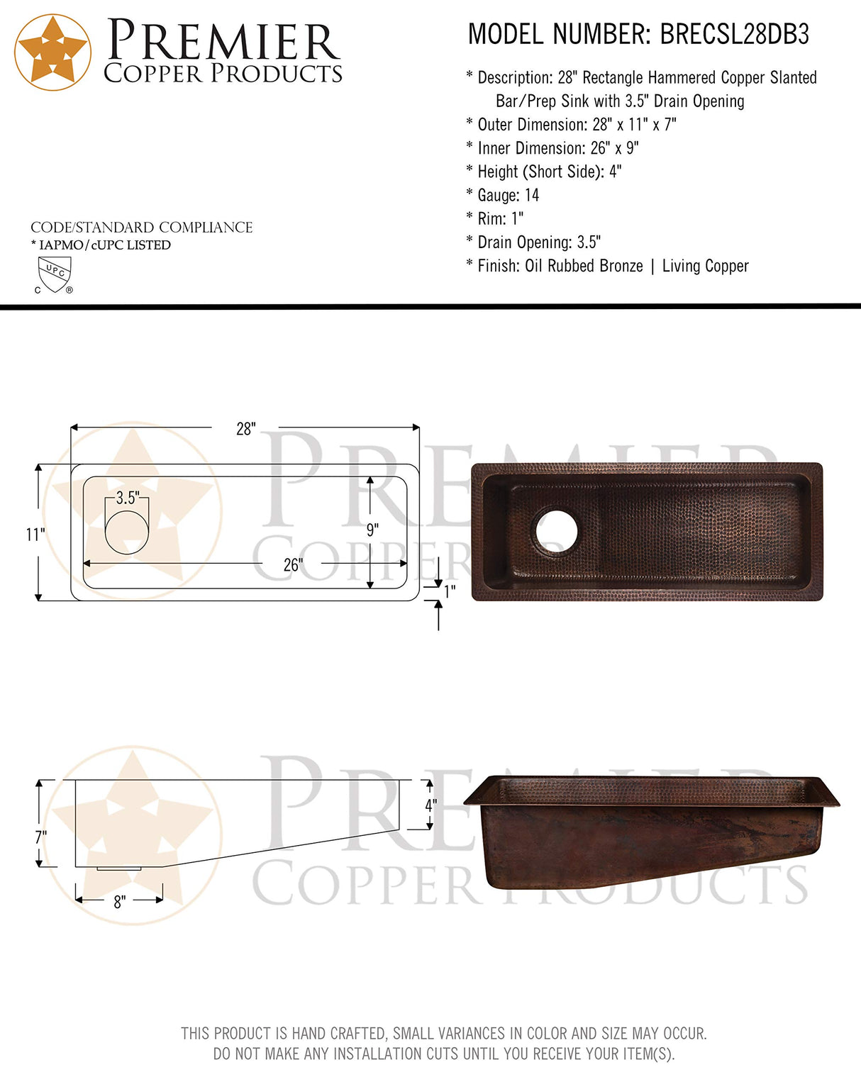 Premier Copper Products 28-inch Rectangle Hammered Copper Slanted Bar/Prep Sink with 3.5-inch Drain Opening