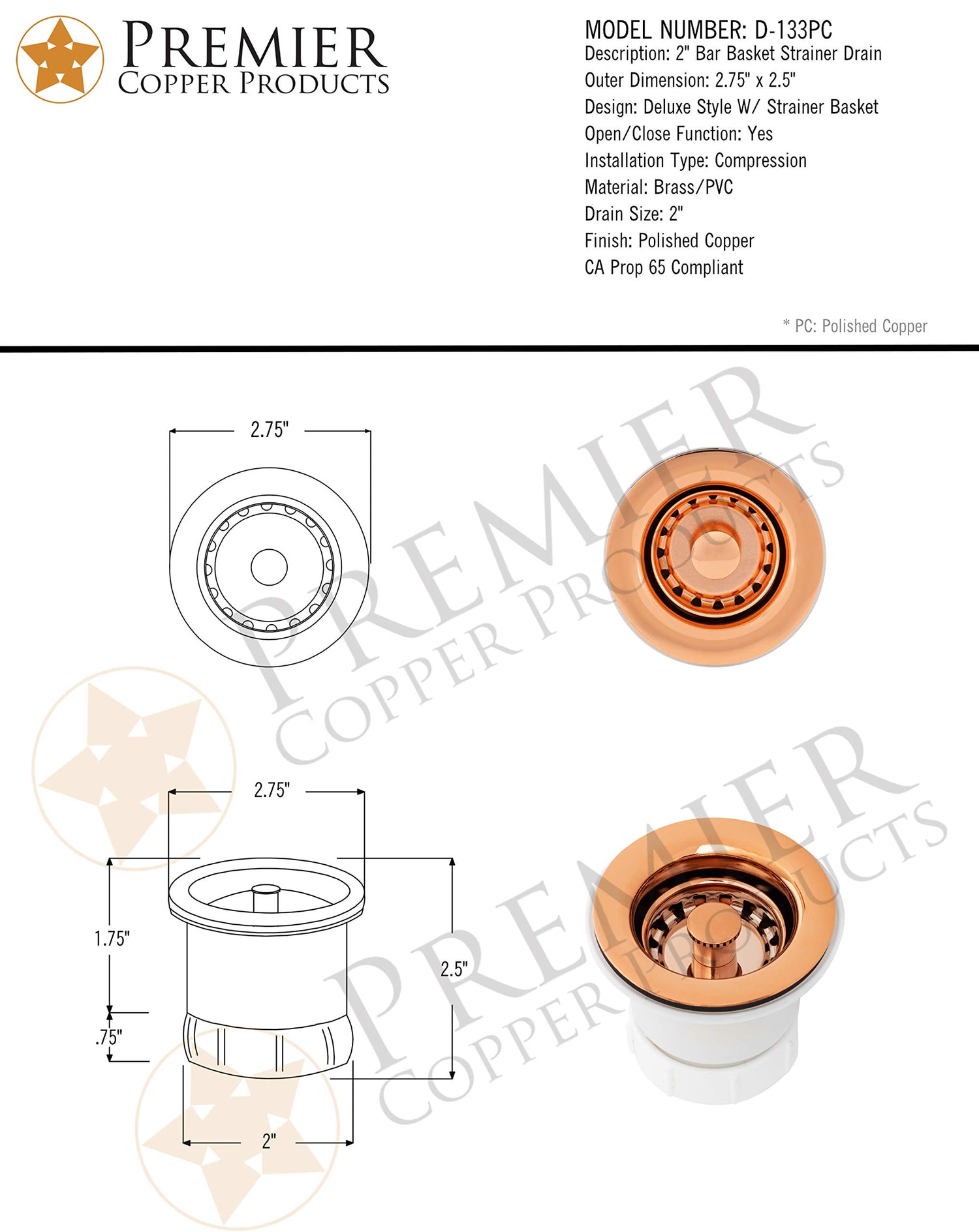 Premier Copper Products D-133PC 2-Inch Bar Basket Strainer Drain, Brushed Nickel