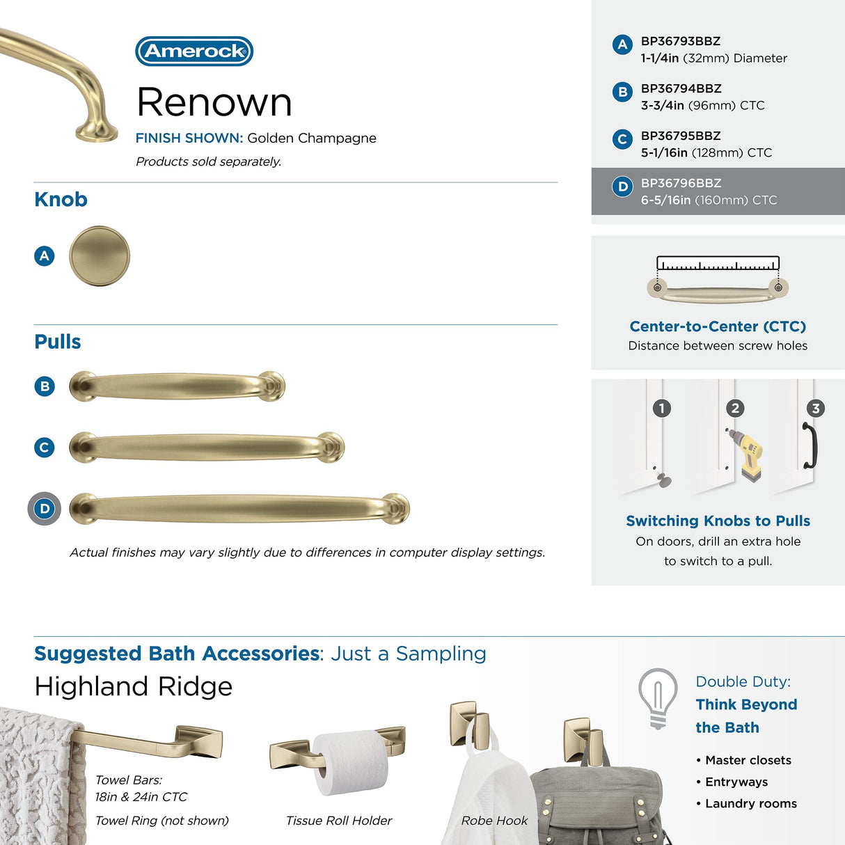 Amerock Cabinet Pull Golden Champagne 6-5/16 in (160 mm) Center-to-Center Drawer Pull Renown Kitchen and Bath Hardware Furniture Hardware