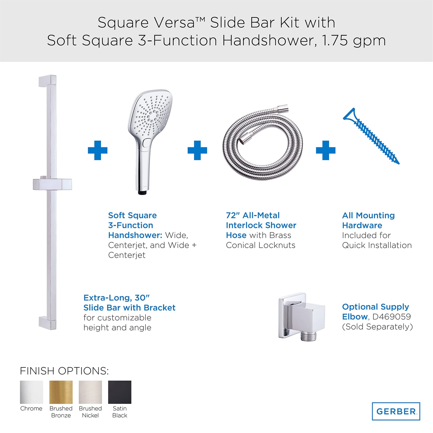 Gerber D461738BS Versa Square 30" Slide Bar Assembly With Soft Square 3-FUNCTION...