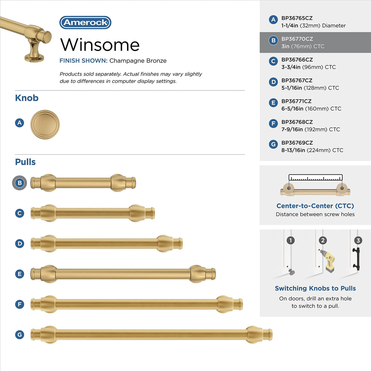 Amerock BP36770CZ Champagne Bronze Cabinet Pull 3 in (76 mm) Center-to-Center Cabinet Handle Winsome Drawer Pull Kitchen Cabinet Handle Furniture Hardware