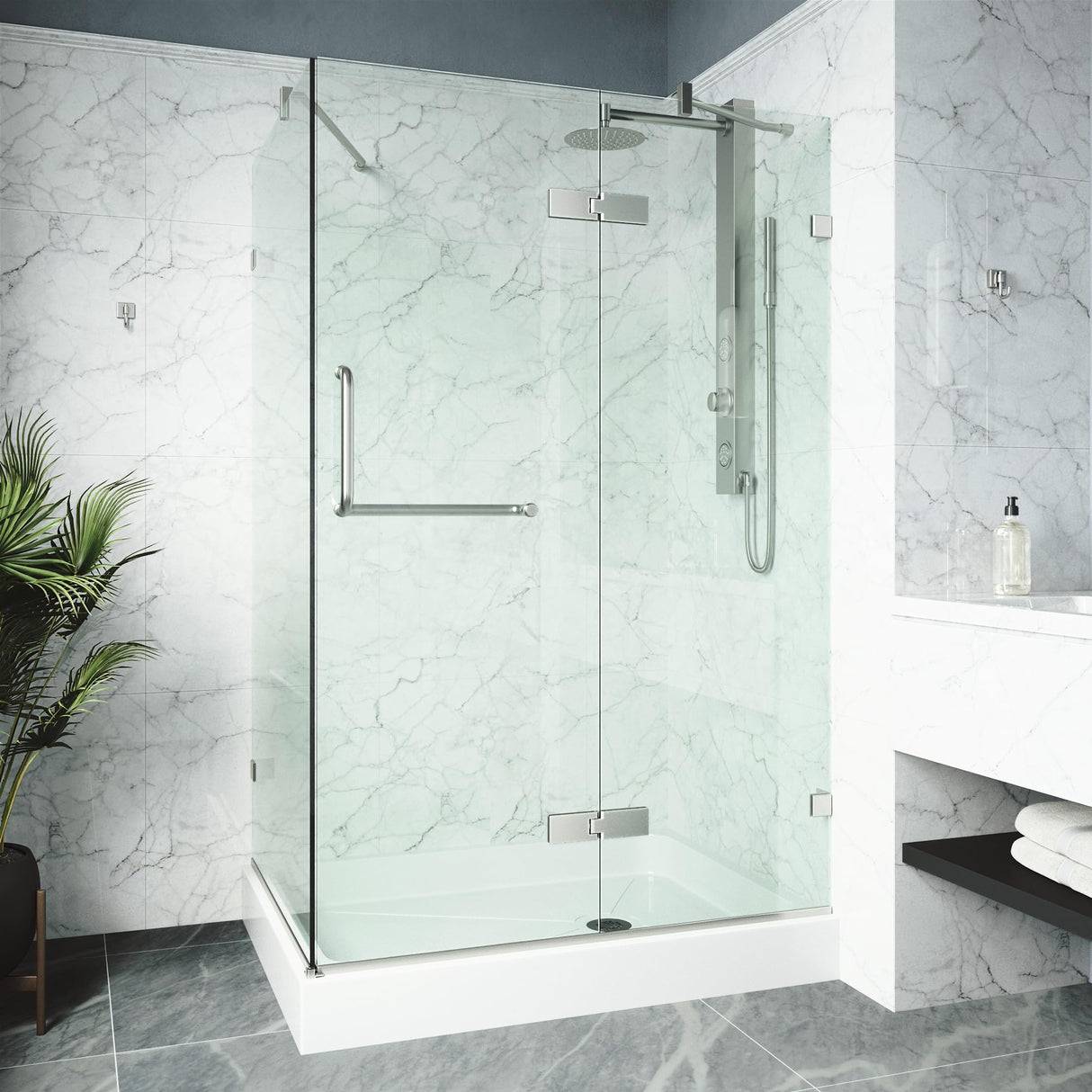 VIGO 32 in. x 48 in. x 79 in. Monteray Frameless Hinged Rectangle Shower Enclosure with Clear 0.38" Tempered Glass and Hardware in Brushed Nickel Finish with Left Handle and Base - VG6011BNCL48WR