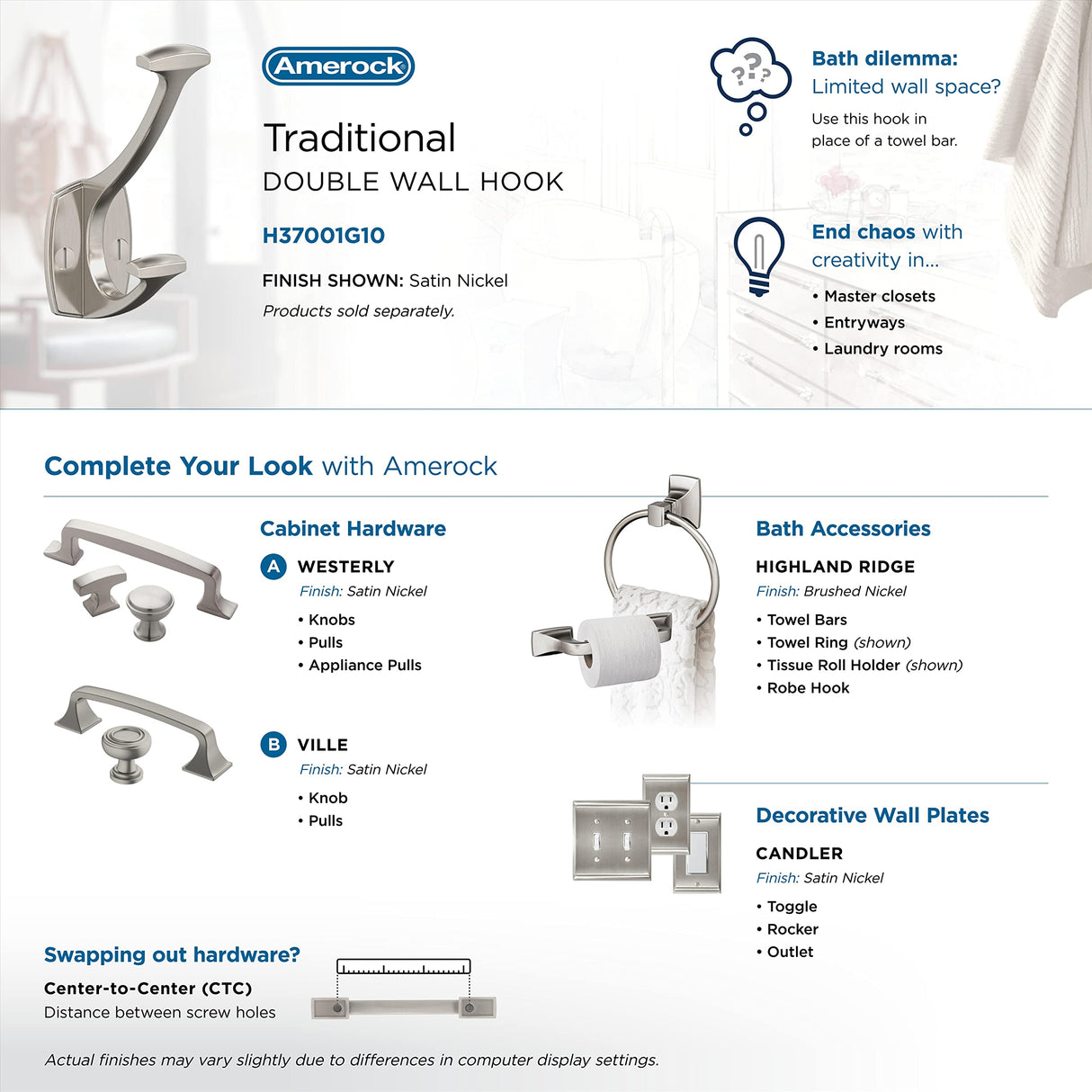 Amerock H37001G10 Vicinity Double Prong Decorative Wall Hook Satin Nickel Hook for Coats, Hats, Backpacks, Bags Hooks for Bathroom, Bedroom, Closet, Entryway, Laundry Room, Office