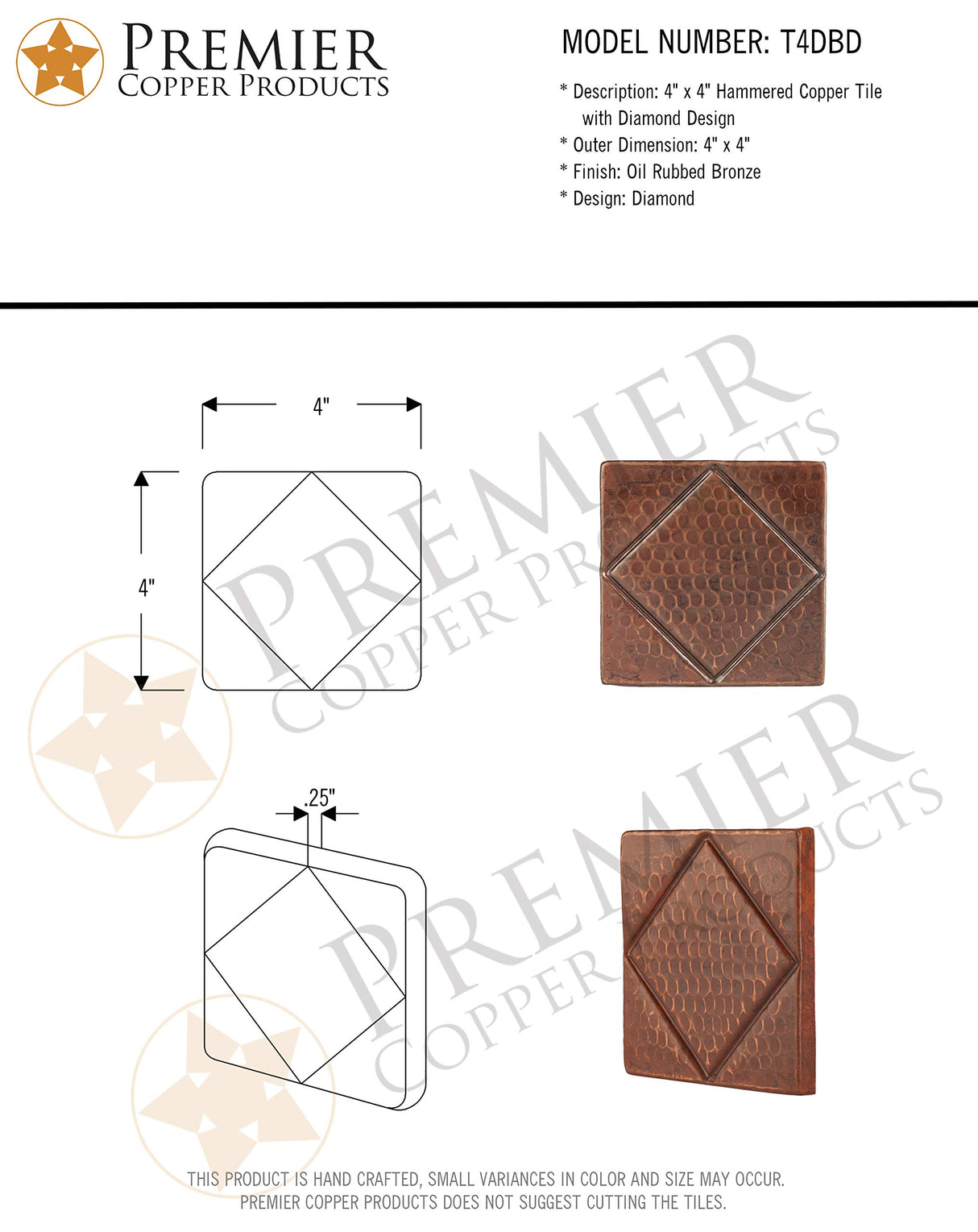 Premier Copper Products T4DBD 4-Inch x 4-Inch Hammered Copper Tile with Diamond Design