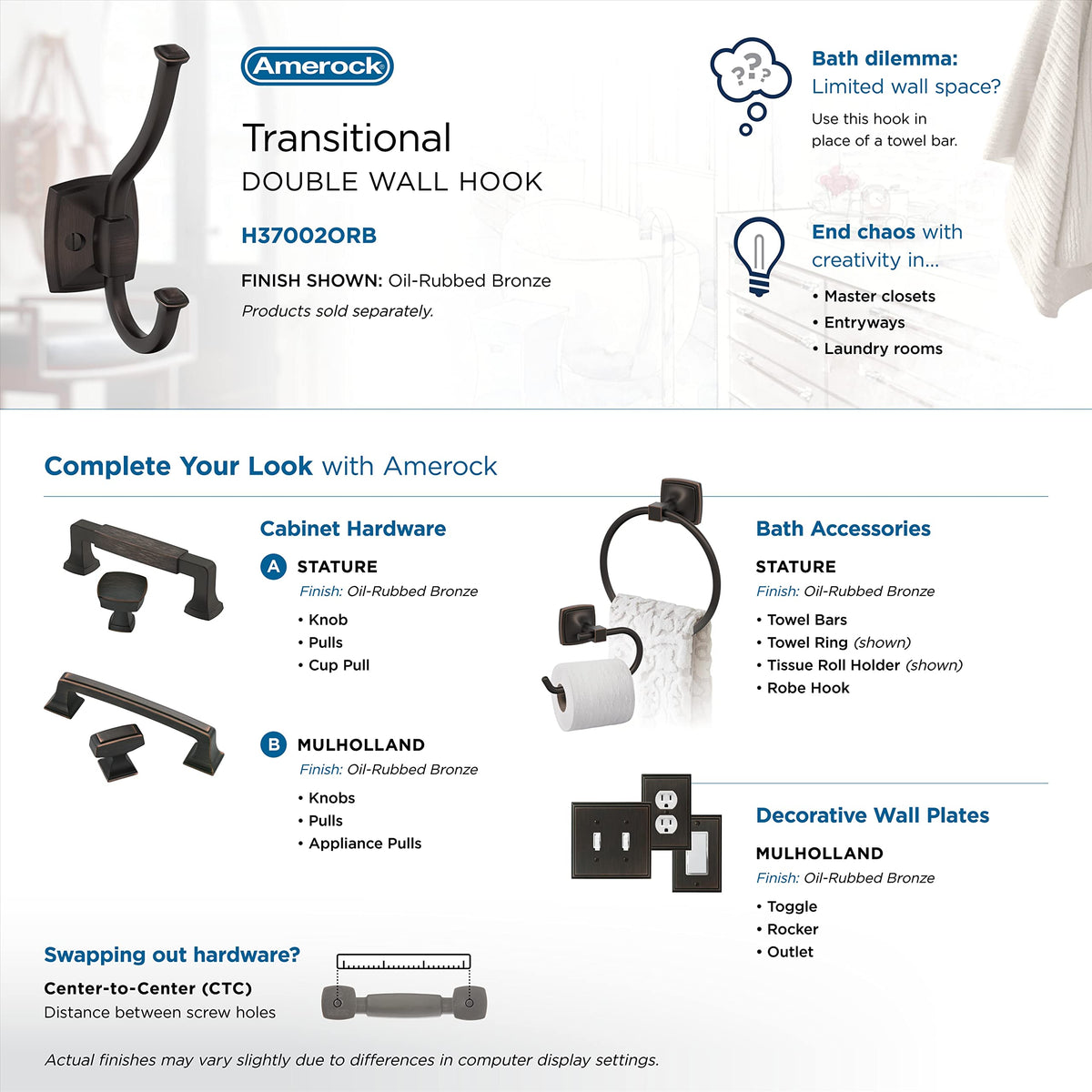 Amerock H37002ORB Kinsale Double Prong Decorative Wall Hook Oil Rubbed Bronze Hook for Coats, Hats, Backpacks, Bags Hooks for Bathroom, Bedroom, Closet, Entryway, Laundry Room, Office