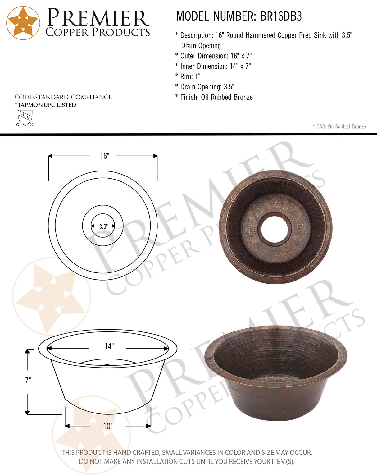 Premier Copper Products BR16DB3 16-Inch Universal Round Hammered Copper Sink with 3.5-Inch Drain Size, Oil Rubbed Bronze