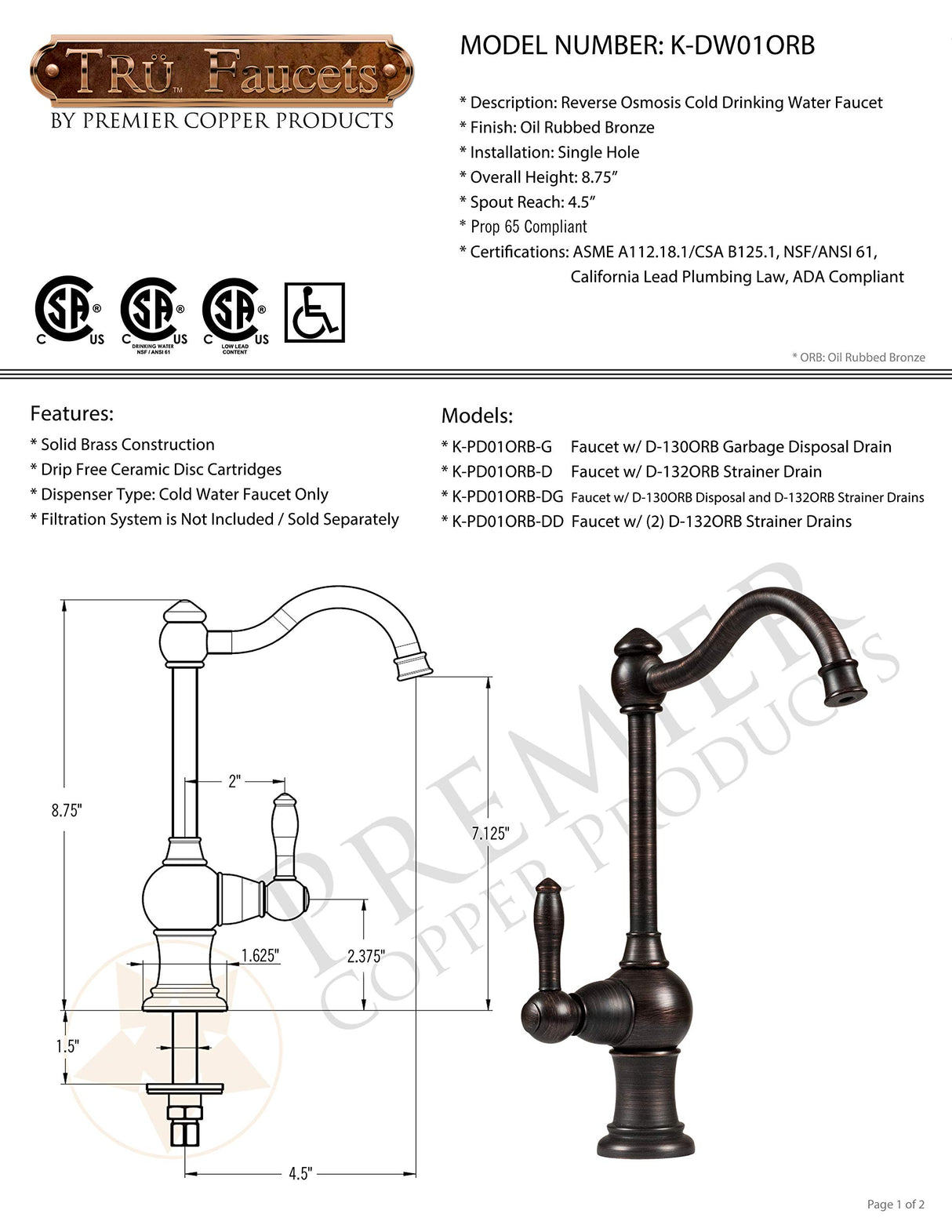 Premier Copper Products K-DW01ORB Reverse Osmosis Cold Drinking Water Faucet in Oil Rubbed Bronze