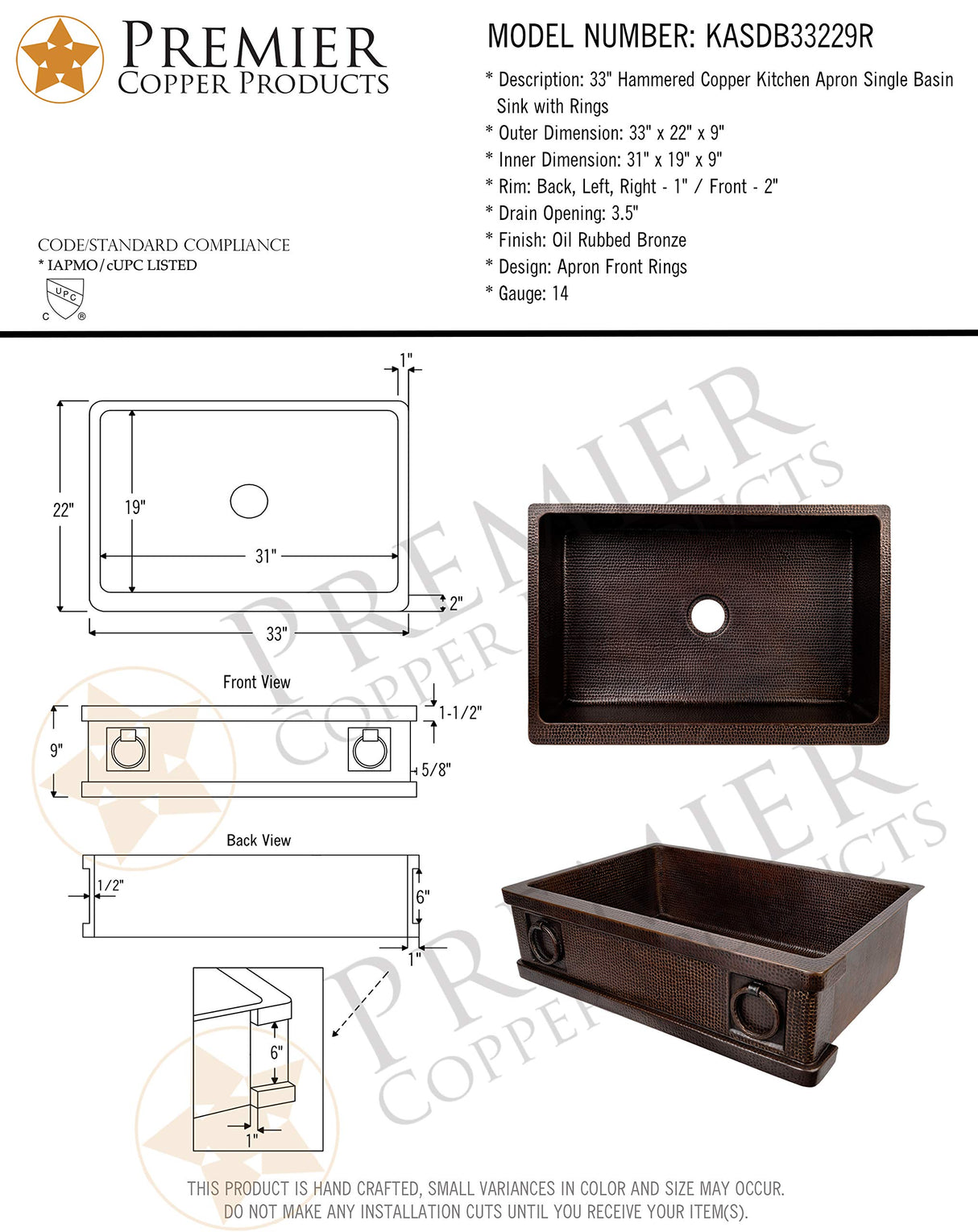 Premier Copper Products KASDB33229R 33-Inch Hammered Copper Kitchen Apron Single Sink with Rings…