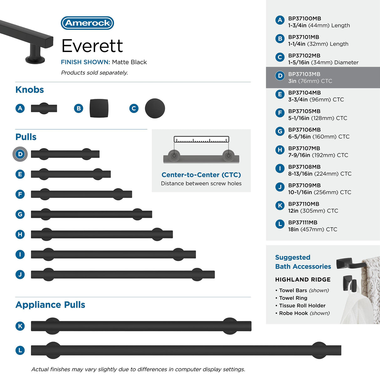 Amerock Corp BP37103MB Everett Pull, 3 in (76 mm) Center-to-Center, Matte Black