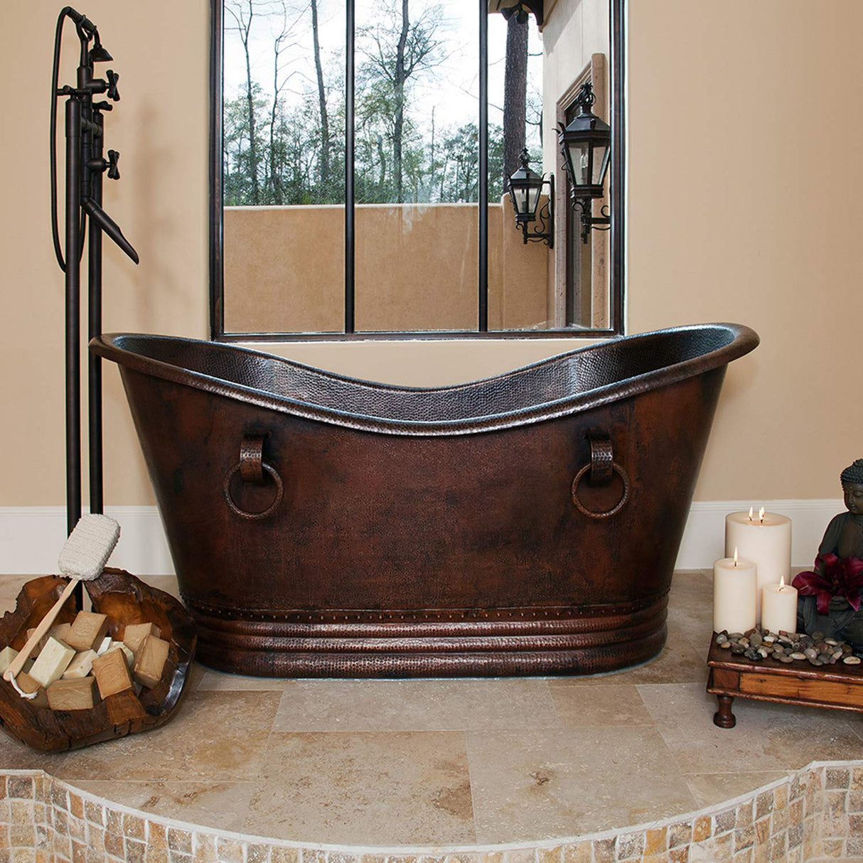Premier Copper Products BTDR67DB 67-Inch Hammered Copper Double Slipper Bathtub with Rings, Oil Rubbed Bronze