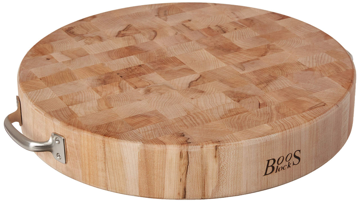 John Boos CCB183-R-H Block Maple Wood End Grain Round Cutting Board with Stainless Steel Handles, 18 Inches x 3 Tall 18DIAX3 MPL-END GR-NON REV-HANDLES