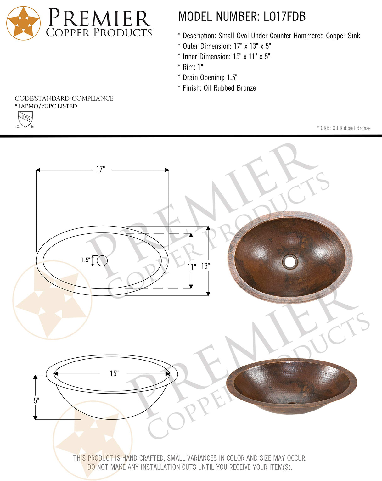 Premier Copper Products LO17FDB 17-Inch Oval Under Mount Hammered Copper Sink, Oil Rubbed Bronze