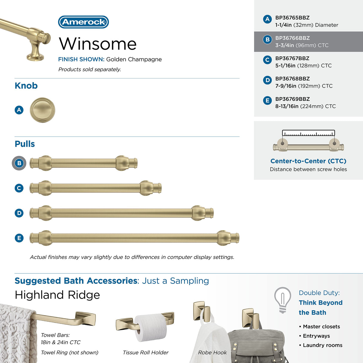 Amerock Cabinet Pull Golden Champagne 3-3/4 in (96 mm) Center-to-Center Drawer Pull Winsome Kitchen and Bath Hardware Furniture Hardware
