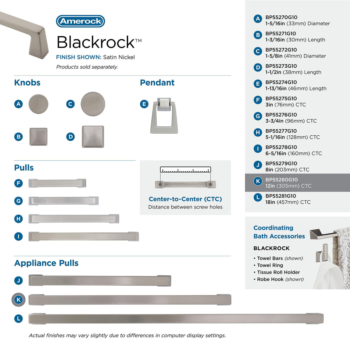 Amerock Appliance Pull Satin Nickel 12 inch (305 mm) Center to Center Blackrock 1 Pack Drawer Pull Drawer Handle Cabinet Hardware