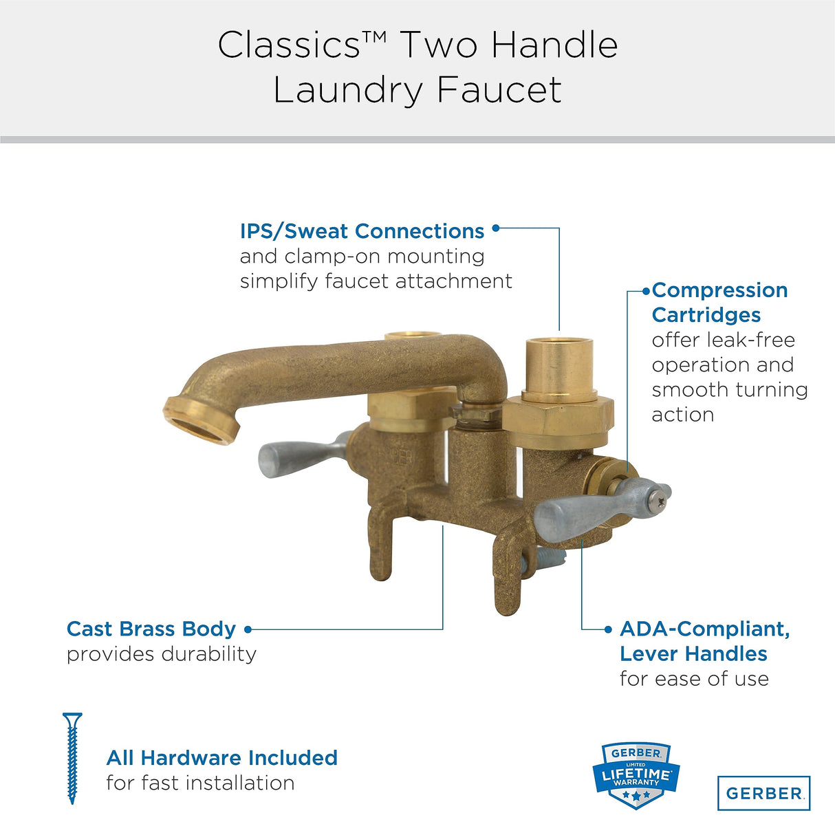 Gerber G0049535 Rough Brass Classics Two Handle Clamp On Laundry Faucet W/ I...