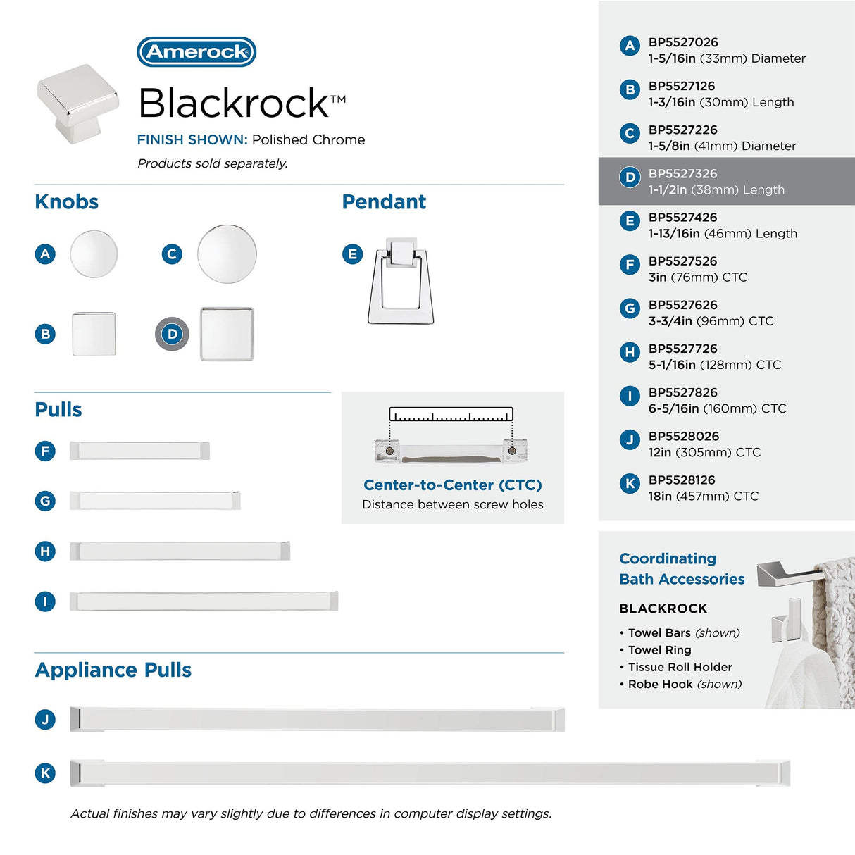 Amerock Cabinet Knob Polished Chrome 1-1/2 inch (38 mm) Length Blackrock 1 Pack Drawer Knob Cabinet Hardware