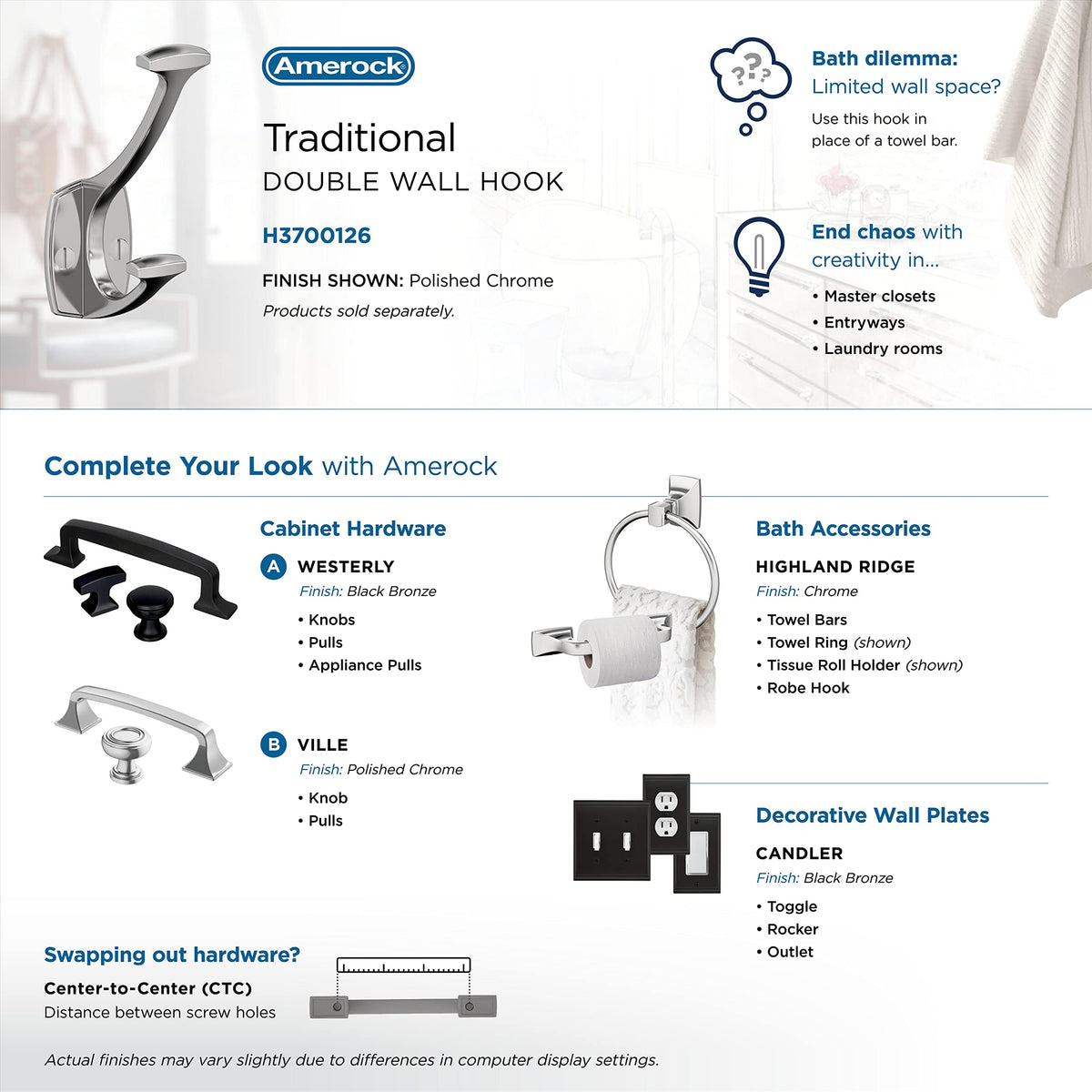 Amerock H3700126 Vicinity Double Prong Decorative Wall Hook Polished Chrome Hook for Coats, Hats, Backpacks, Bags Hooks for Bathroom, Bedroom, Closet, Entryway, Laundry Room, Office