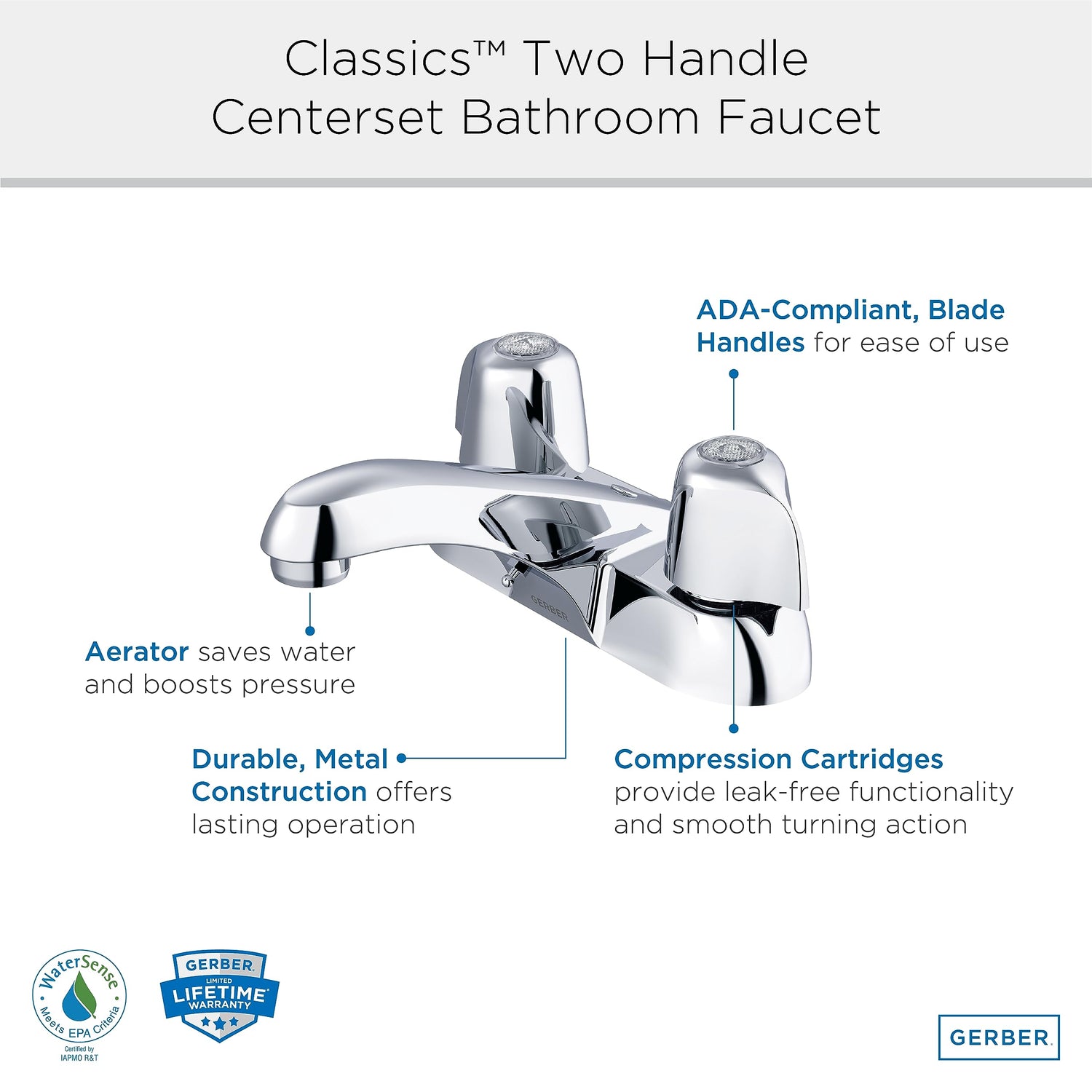 Gerber G0043411 Chrome Classics Two Metal Handle Centerset Lavatory Faucet W...