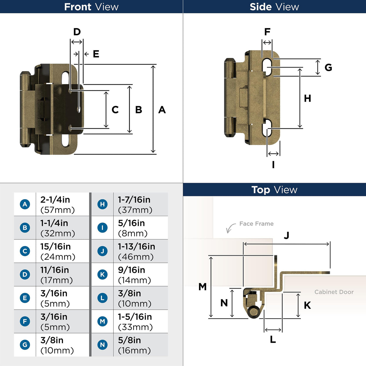 Amerock Cabinet Hinge 3/8 inch (10 mm) Inset Hinge Burnished Brass 2 Pack Self-Closing Hinge Partial Wrap Hinge Cabinet Door Hinge