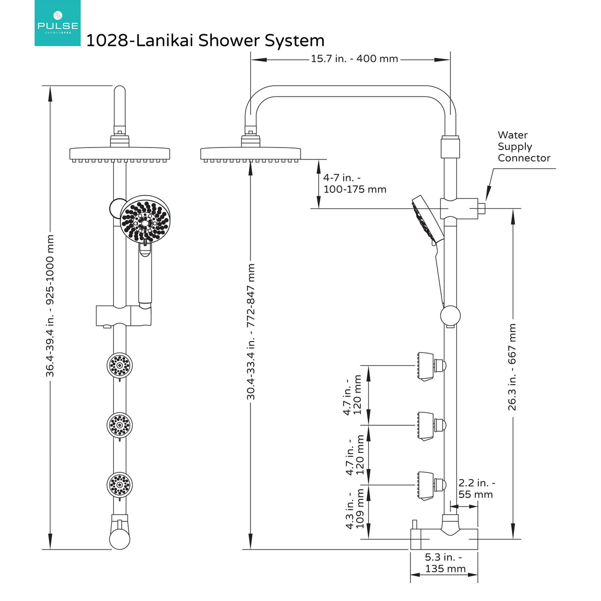 PULSE ShowerSpas 1028-BN-1.8GPM Lanikai Shower System with 8" Rain Showerhead, 3 Dual-Function Body Spray Jets, 5-Function Hand Shower, Brushed Nickel, 1.8 GPM