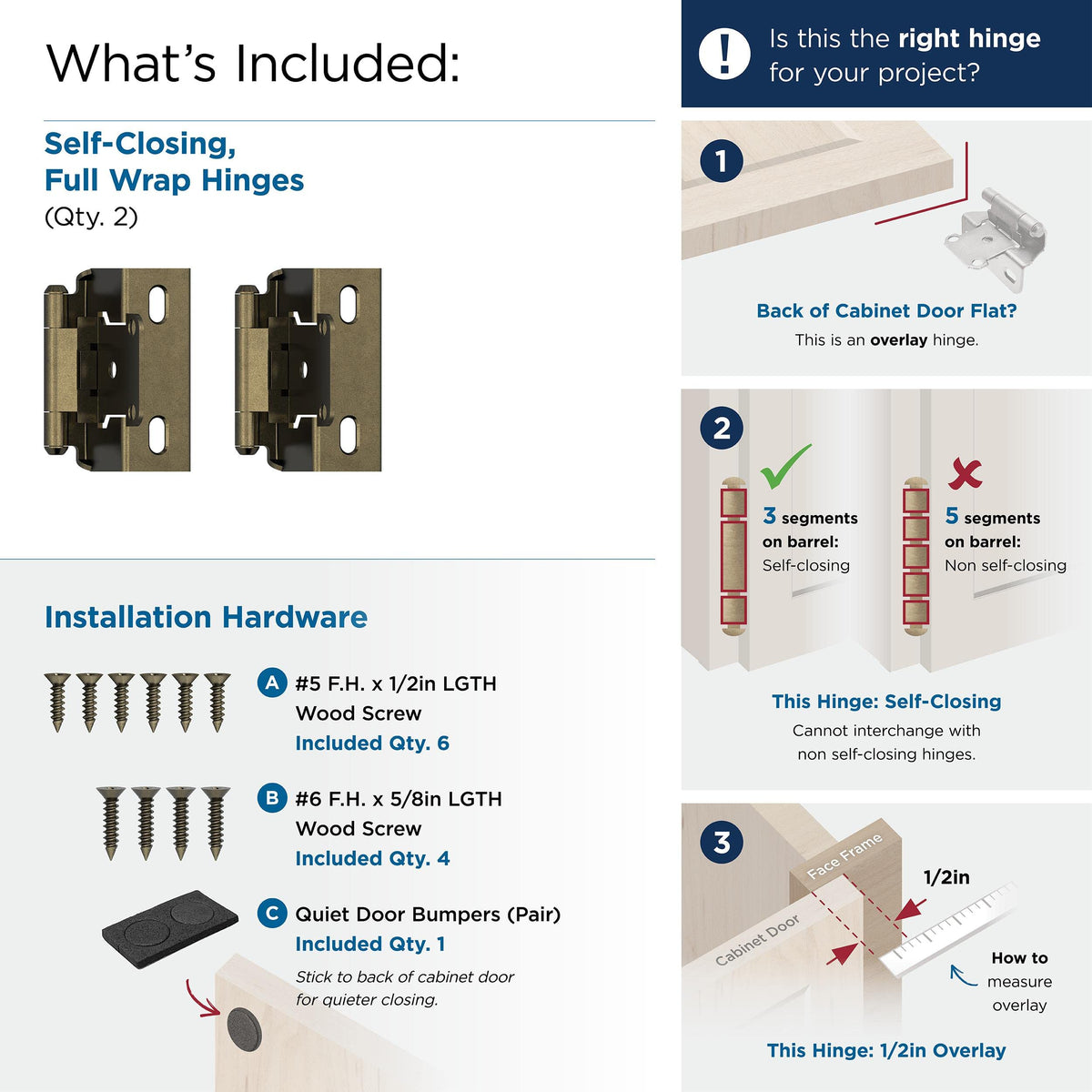 Amerock BPR7540BB Cabinet Hinge 1/2 in (13 mm) Overlay Self Closing Full Wrap Burnished Brass Kitchen Cabinet Door Hinge 1 Pair/2 Pack Functional Hardware