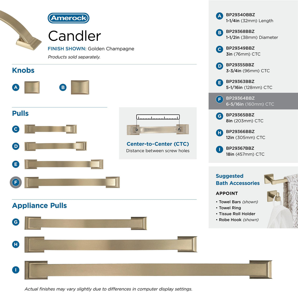 Amerock Cabinet Pull Golden Champagne 6-5/16 inch (160 mm) Center to Center Candler 1 Pack Drawer Pull Drawer Handle Cabinet Hardware