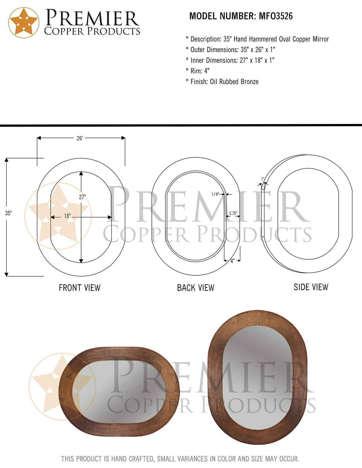 Premier Copper Products MFO3526 35-Inch Hand Hammered Oval Copper Mirror