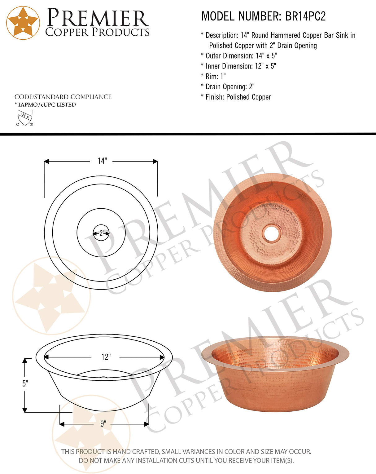 Premier Copper Products BR14PC2 14-Inch Round Hammered Copper Bar Sink with 2-Inch Drain Opening in Polished Copper