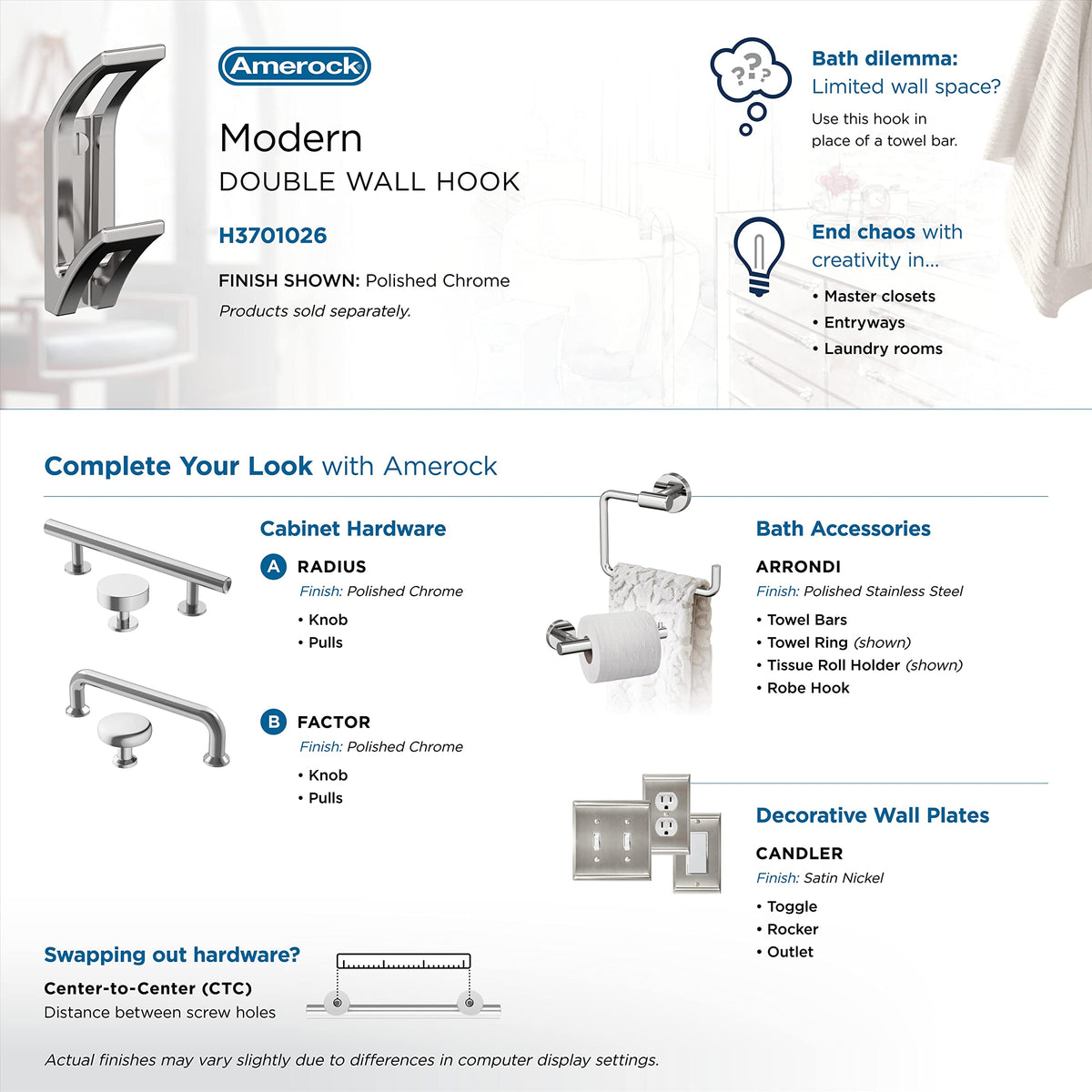 Amerock H3701026 Avid Double Prong Decorative Wall Hook Polished Chrome Hook for Coats, Hats, Backpacks, Bags Hooks for Bathroom, Bedroom, Closet, Entryway, Laundry Room, Office
