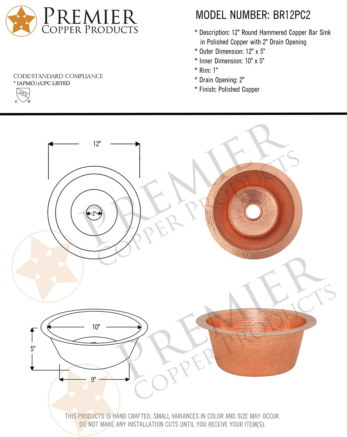 Premier Copper Products BR12PC2 12-Inch Round Hammered Copper Bar Sink with 2-Inch Drain Opening in Polished Copper