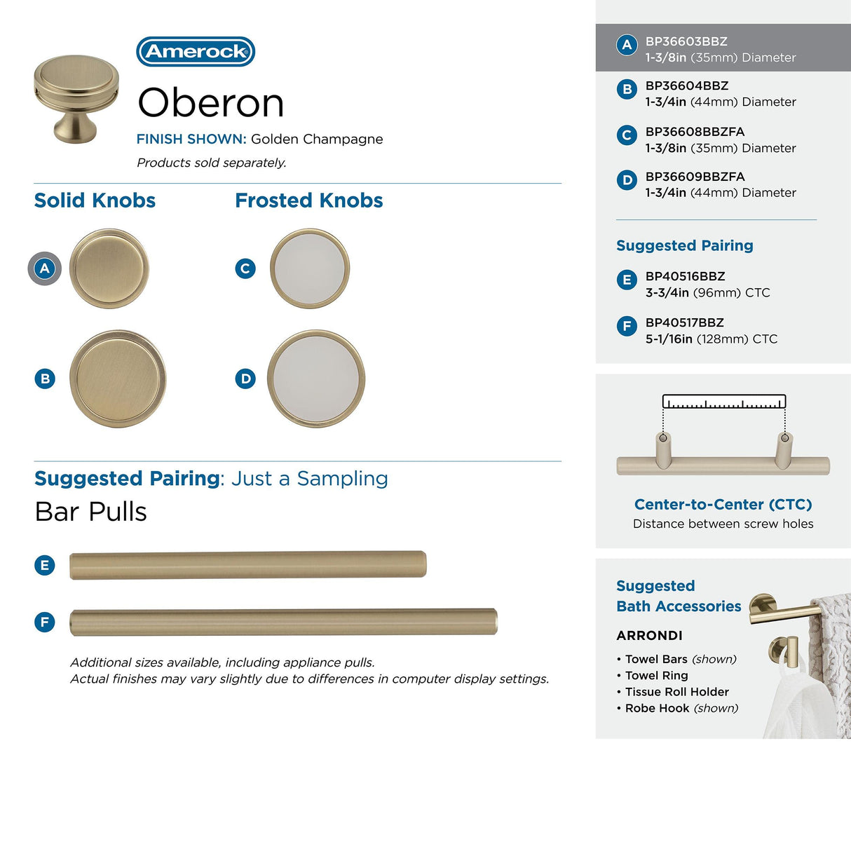 Amerock Cabinet Knob Golden Champagne 1-3/8 inch (35 mm) Diameter Oberon 1 Pack Drawer Knob Cabinet Hardware