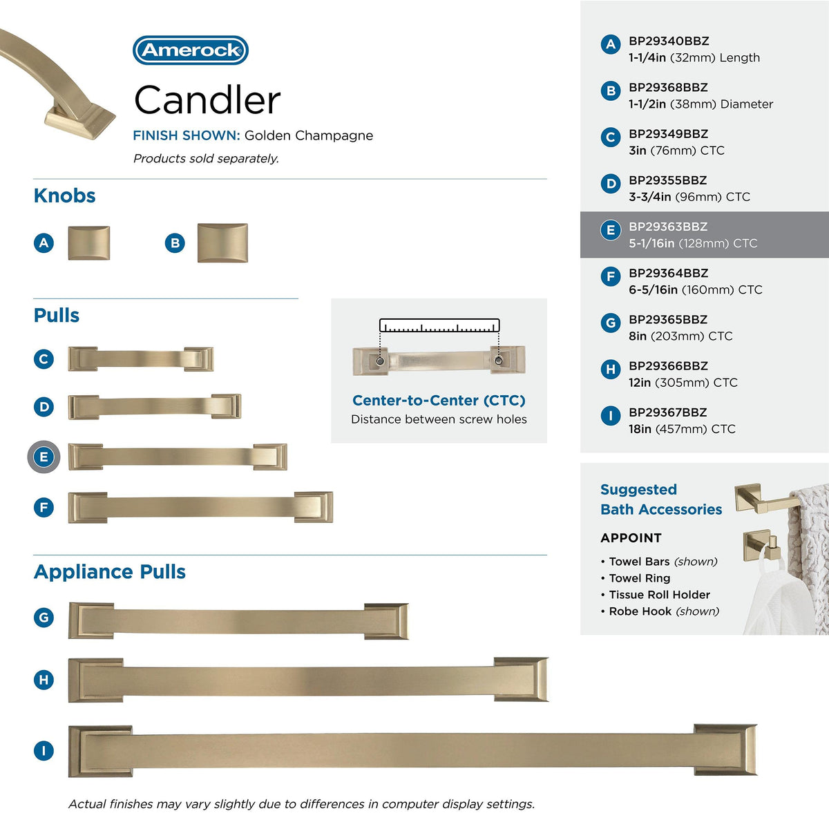 Amerock Cabinet Pull Golden Champagne 5-1/16 inch (128 mm) Center to Center Candler 1 Pack Drawer Pull Drawer Handle Cabinet Hardware