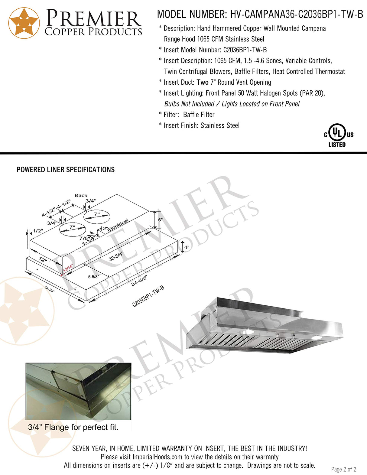 Premier Copper Products HV-CAMPANA36-C2036BP1-TW Campana 36-Inch 1250 CFM Wall Mount Range Hood