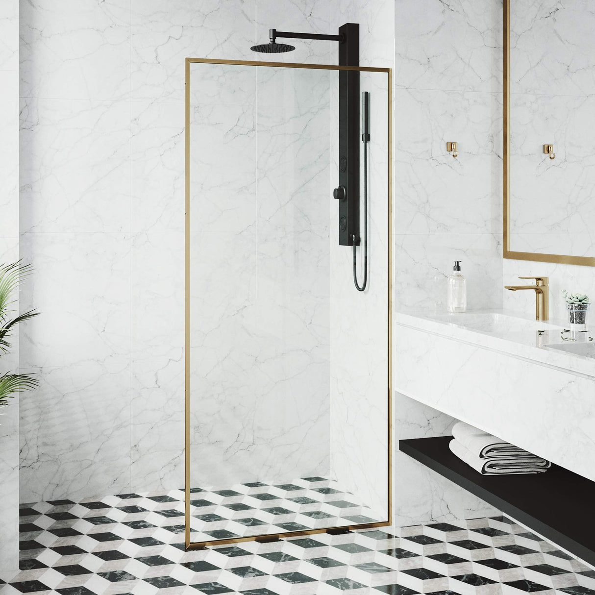VIGO 34" W x 74" H Meridian Framed Fixed Rectangle Shower Screen with Clear Tempered Glass, Door Handle and Stainless Steel Hardware in Matte Brushed Gold-VG6077MGCL3474